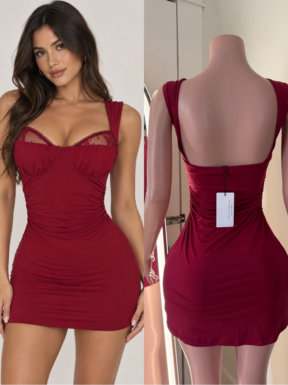 Sexy Red Ruched Lace-Trim Mini Dress